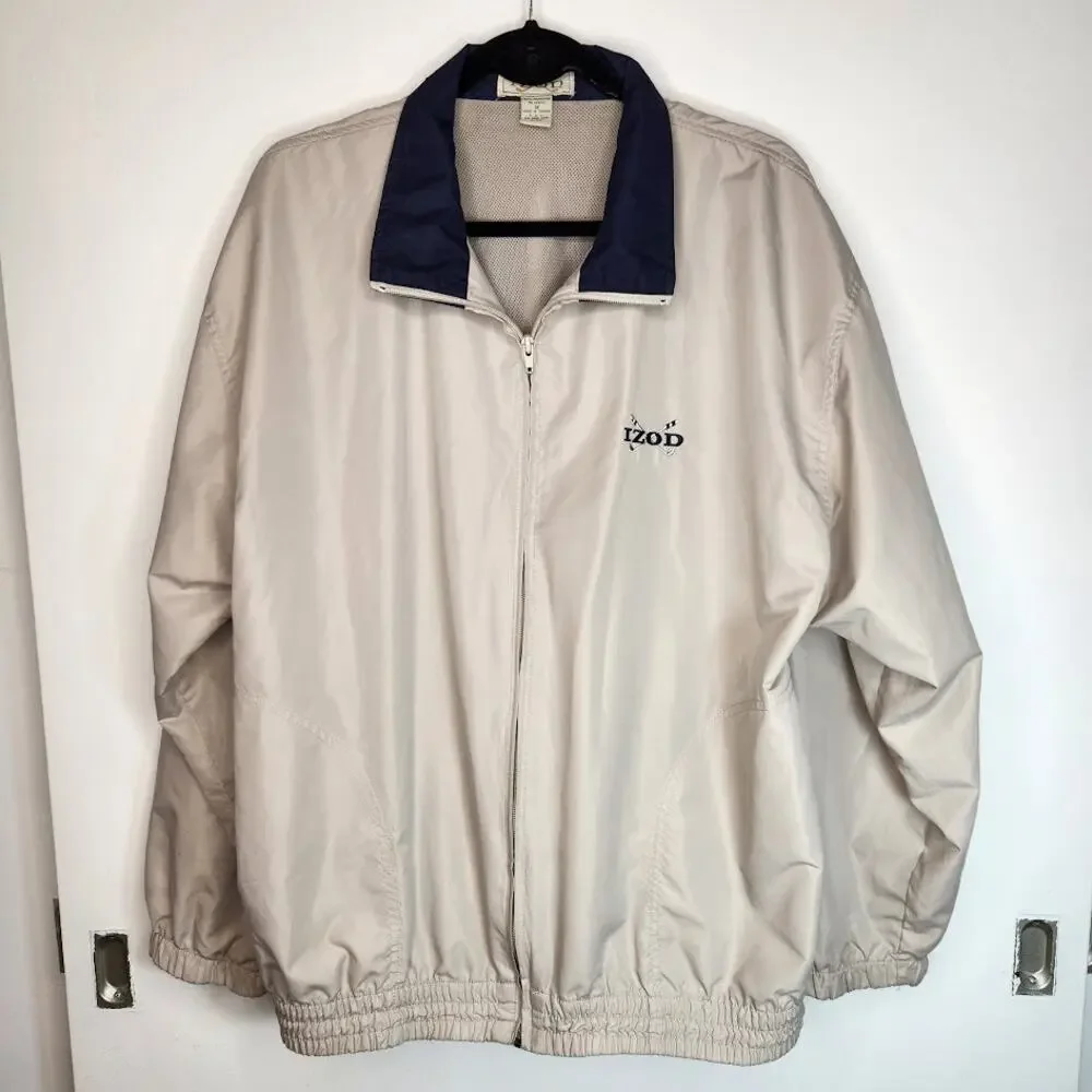 Vintage IZOD Nylon Windbreaker Full Zip Jacket 80s Golf Beige/Blue Mens Medium